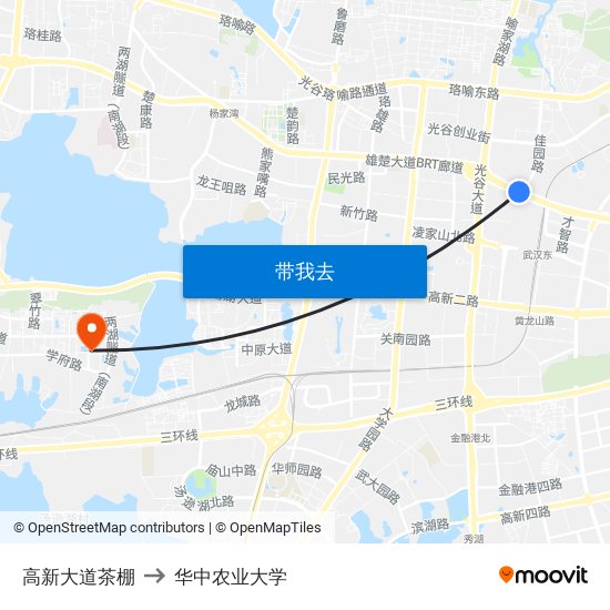 高新大道茶棚 to 华中农业大学 map