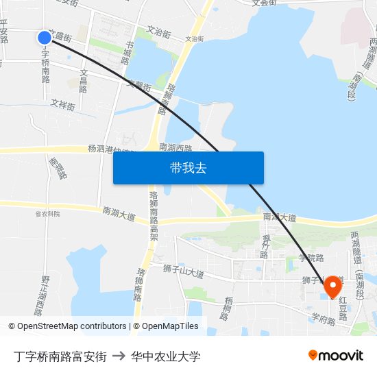 丁字桥南路富安街 to 华中农业大学 map