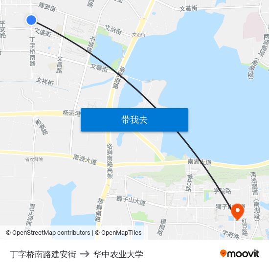 丁字桥南路建安街 to 华中农业大学 map