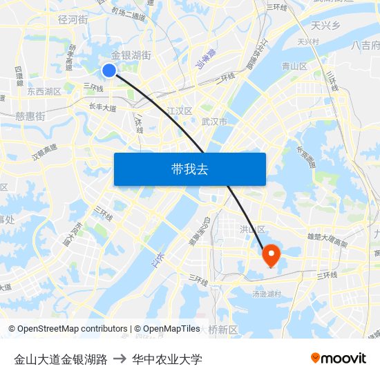 金山大道金银湖路 to 华中农业大学 map