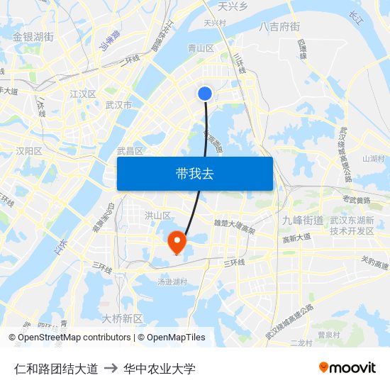 仁和路团结大道 to 华中农业大学 map