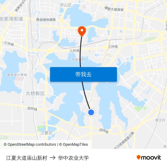 江夏大道庙山新村 to 华中农业大学 map
