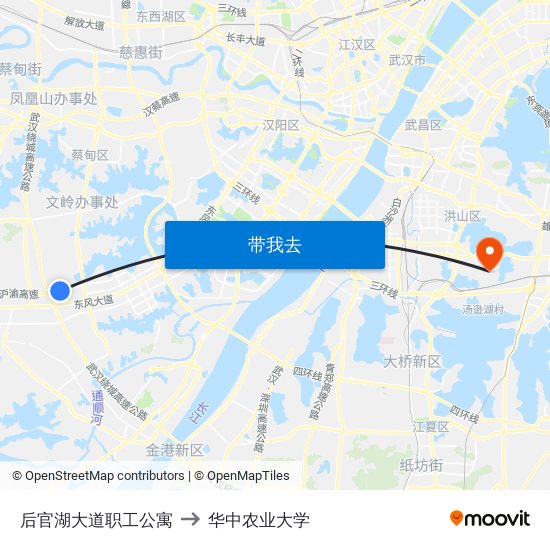 后官湖大道职工公寓 to 华中农业大学 map