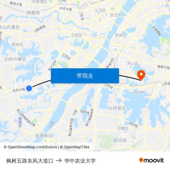 枫树五路东风大道口 to 华中农业大学 map