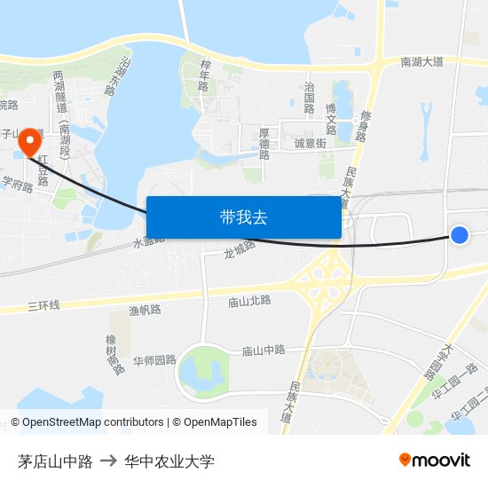 茅店山中路 to 华中农业大学 map