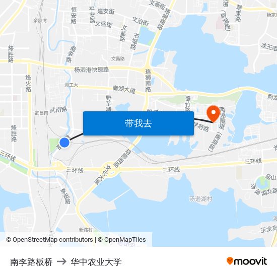 南李路板桥 to 华中农业大学 map