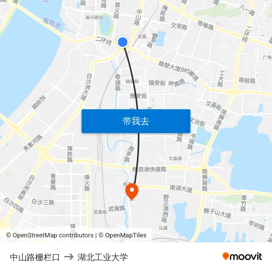 中山路栅栏口 to 湖北工业大学 map