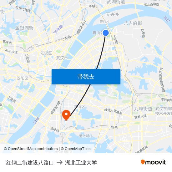 红钢二街建设八路口 to 湖北工业大学 map