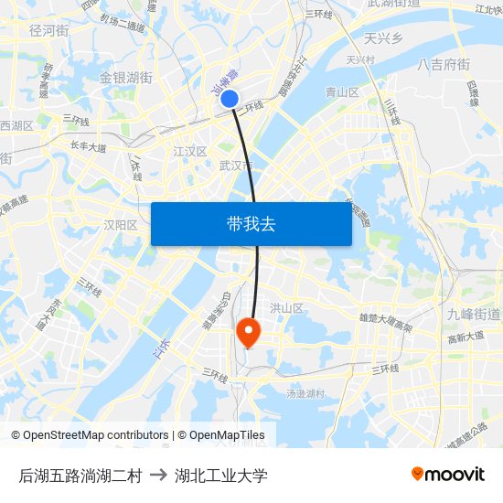 后湖五路淌湖二村 to 湖北工业大学 map