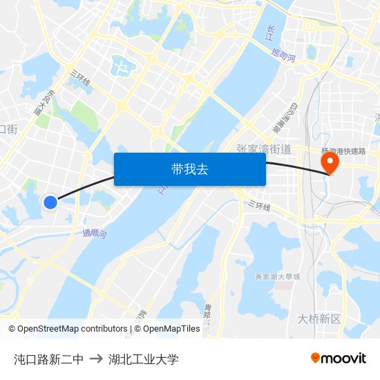 沌口路新二中 to 湖北工业大学 map