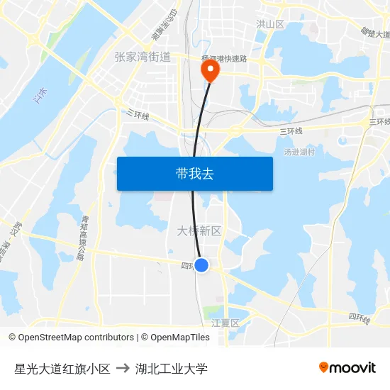 星光大道红旗小区 to 湖北工业大学 map