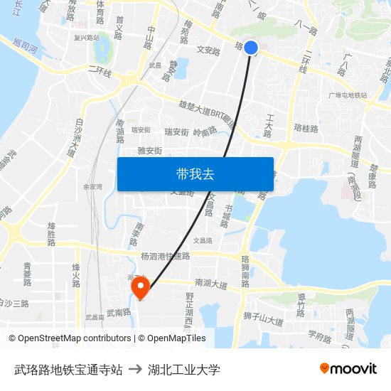 武珞路地铁宝通寺站 to 湖北工业大学 map