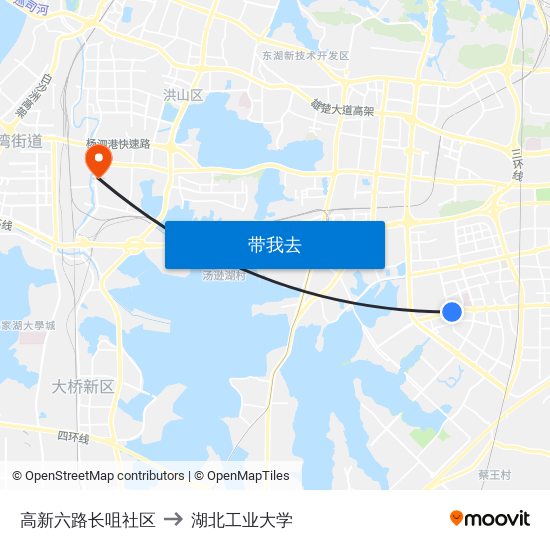 高新六路长咀社区 to 湖北工业大学 map