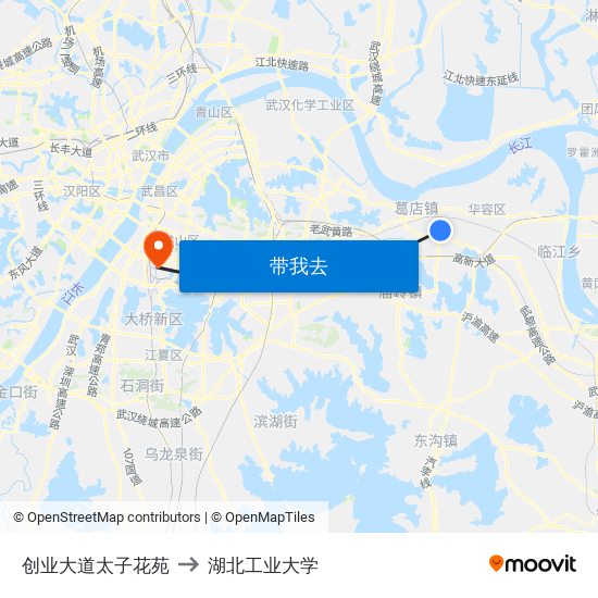 创业大道太子花苑 to 湖北工业大学 map
