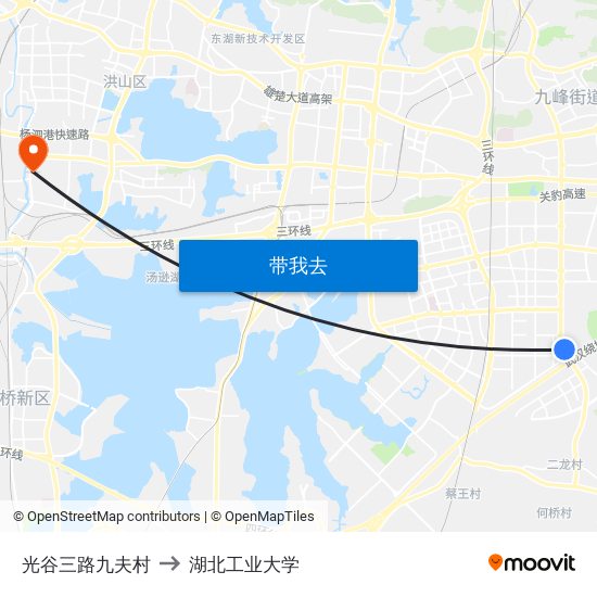 光谷三路九夫村 to 湖北工业大学 map
