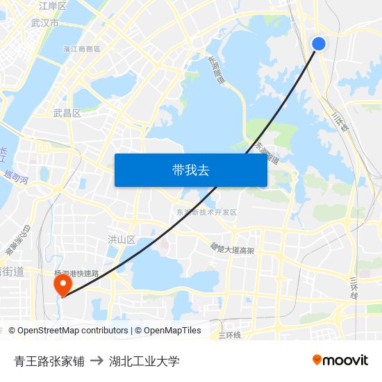 青王路张家铺 to 湖北工业大学 map