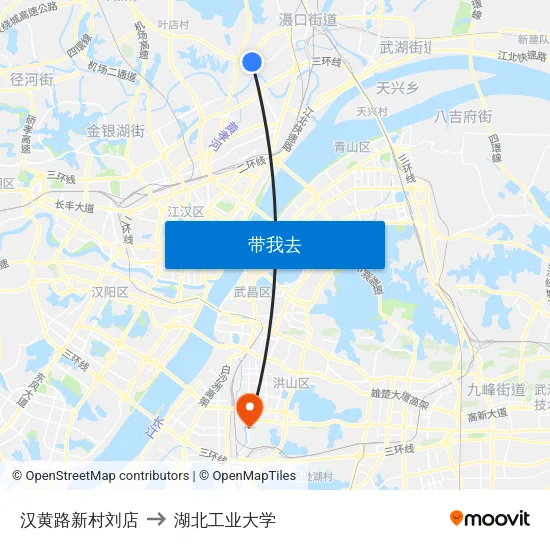 汉黄路新村刘店 to 湖北工业大学 map