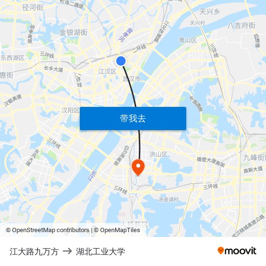 江大路九万方 to 湖北工业大学 map