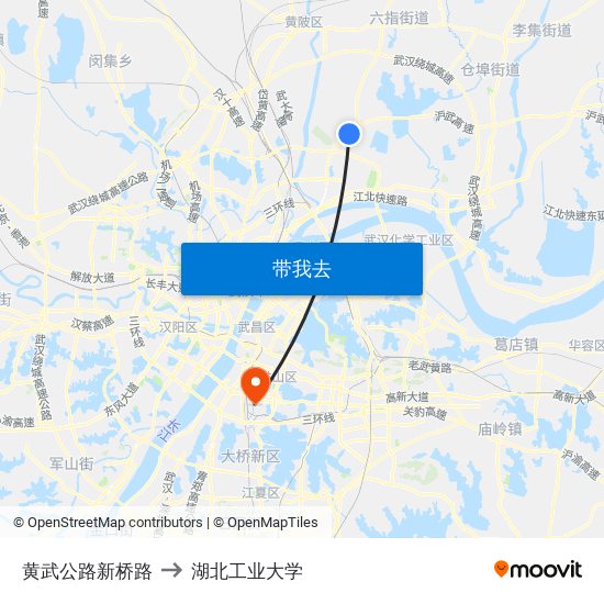 黄武公路新桥路 to 湖北工业大学 map