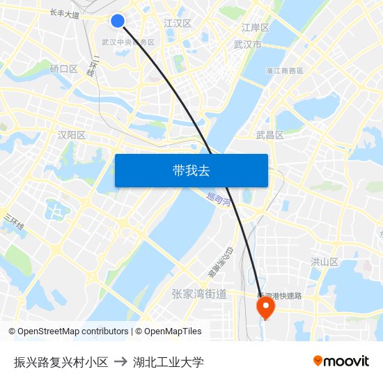 振兴路复兴村小区 to 湖北工业大学 map