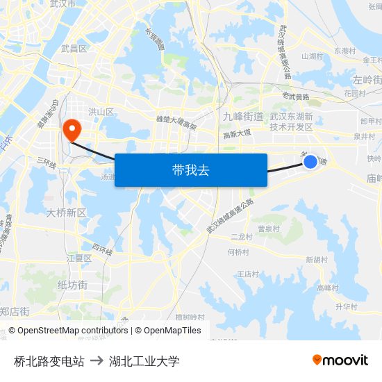 桥北路变电站 to 湖北工业大学 map