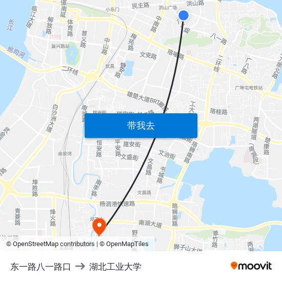 东一路八一路口 to 湖北工业大学 map