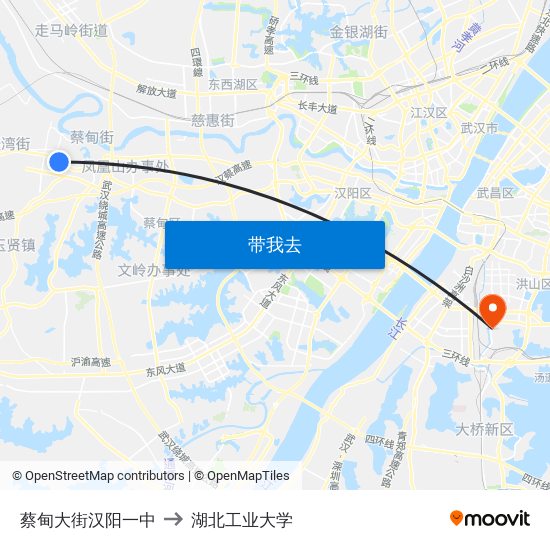 蔡甸大街汉阳一中 to 湖北工业大学 map