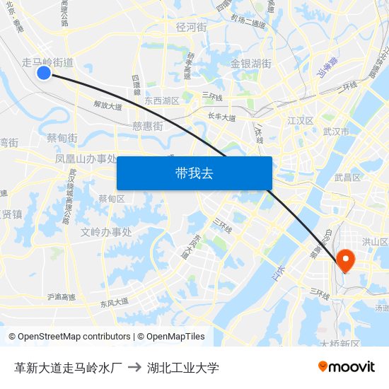 革新大道走马岭水厂 to 湖北工业大学 map