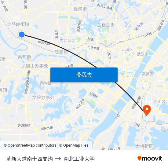 革新大道南十四支沟 to 湖北工业大学 map