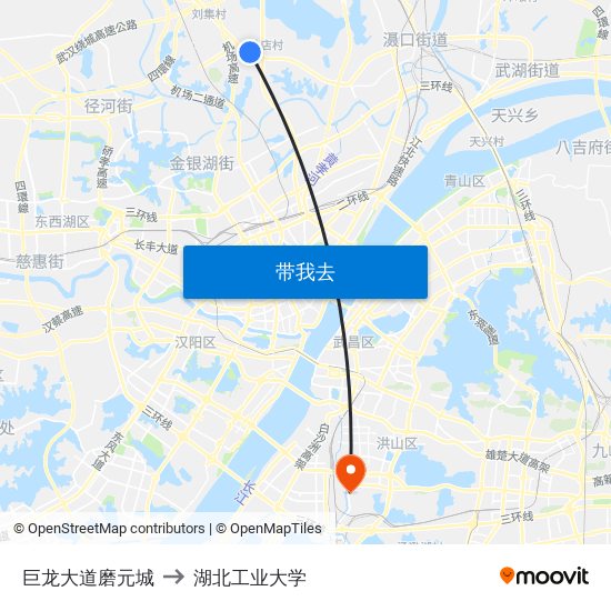 巨龙大道磨元城 to 湖北工业大学 map