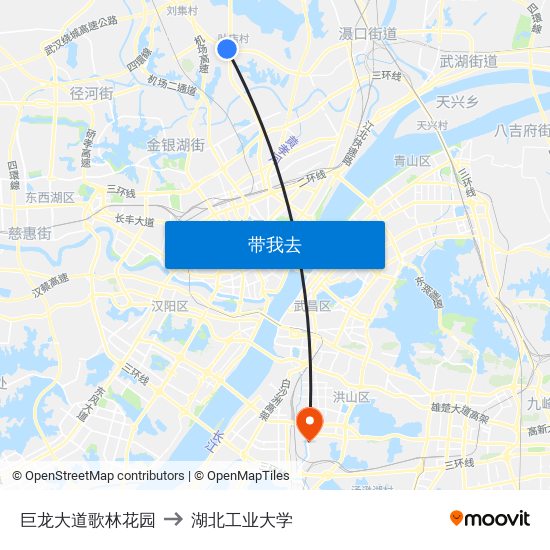 巨龙大道歌林花园 to 湖北工业大学 map