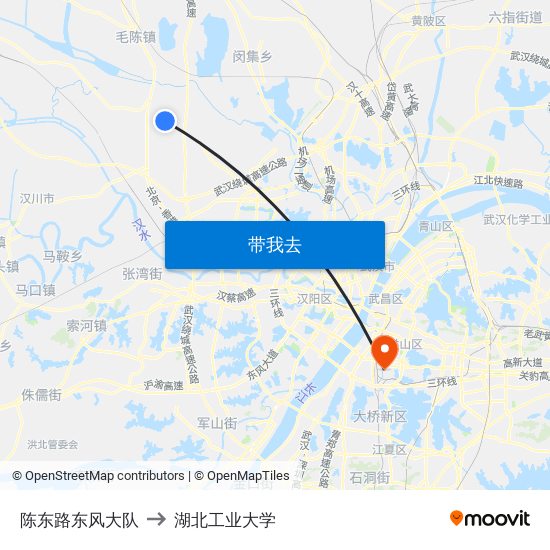 陈东路东风大队 to 湖北工业大学 map