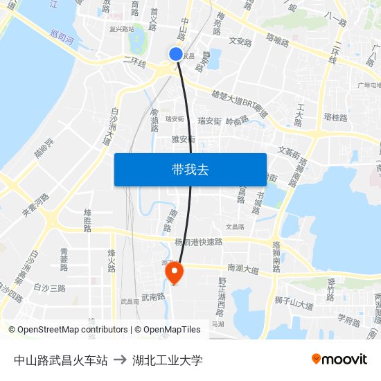 中山路武昌火车站 to 湖北工业大学 map