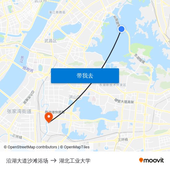 沿湖大道沙滩浴场 to 湖北工业大学 map