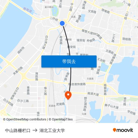 中山路栅栏口 to 湖北工业大学 map