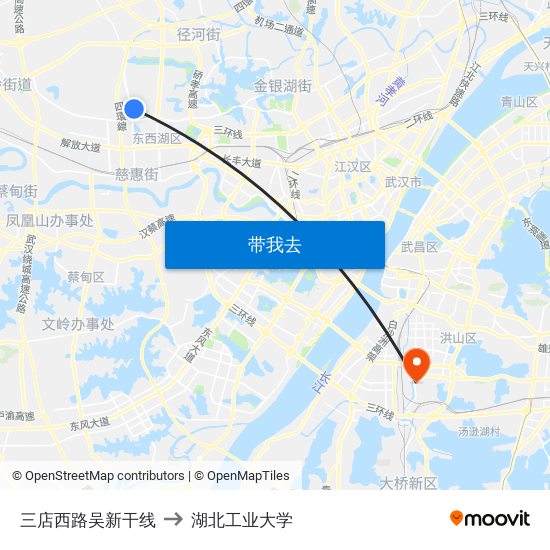 三店西路吴新干线 to 湖北工业大学 map