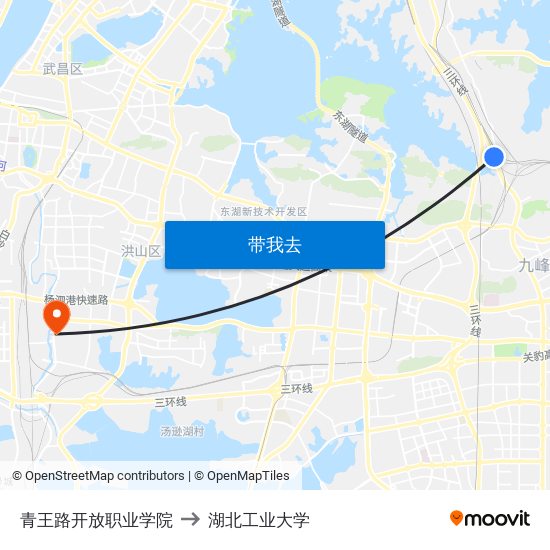 青王路开放职业学院 to 湖北工业大学 map