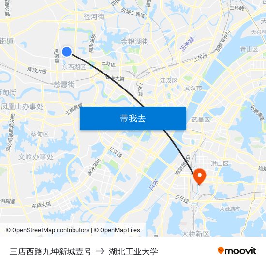 三店西路九坤新城壹号 to 湖北工业大学 map
