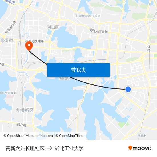 高新六路长咀社区 to 湖北工业大学 map