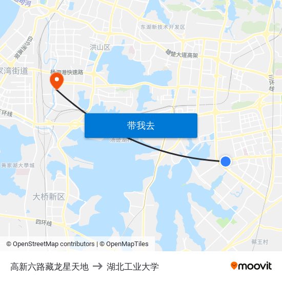 高新六路藏龙星天地 to 湖北工业大学 map