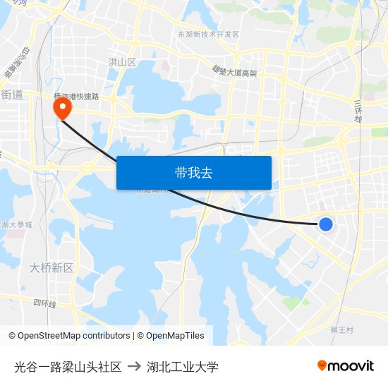 光谷一路梁山头社区 to 湖北工业大学 map