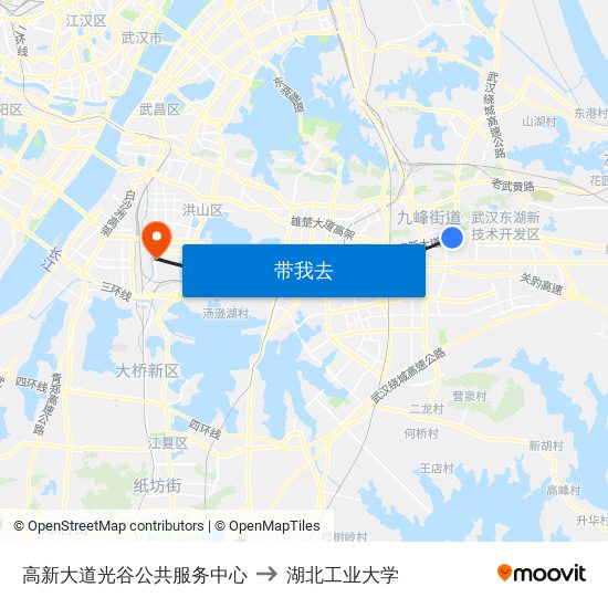 高新大道光谷公共服务中心 to 湖北工业大学 map