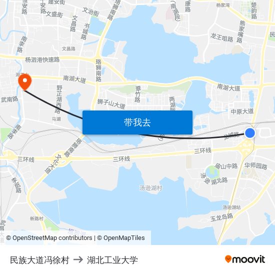 民族大道冯徐村 to 湖北工业大学 map