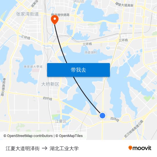江夏大道明泽街 to 湖北工业大学 map