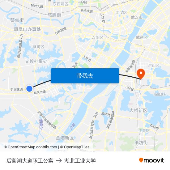 后官湖大道职工公寓 to 湖北工业大学 map