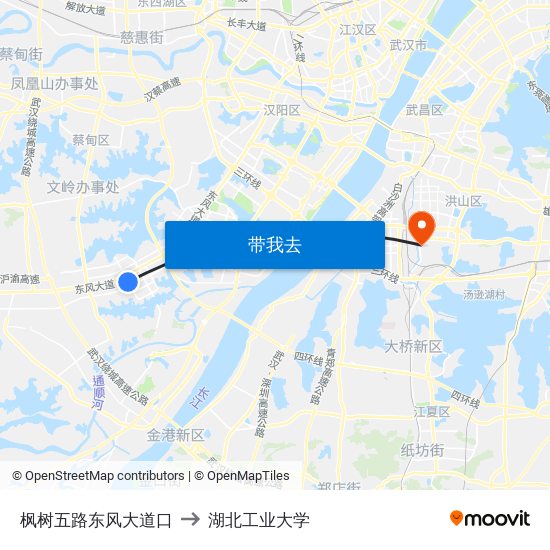 枫树五路东风大道口 to 湖北工业大学 map