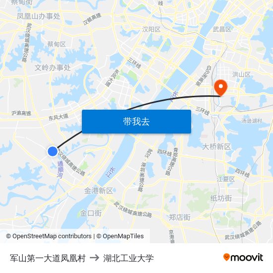 军山第一大道凤凰村 to 湖北工业大学 map