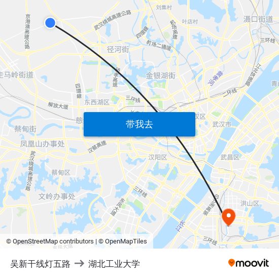 吴新干线灯五路 to 湖北工业大学 map