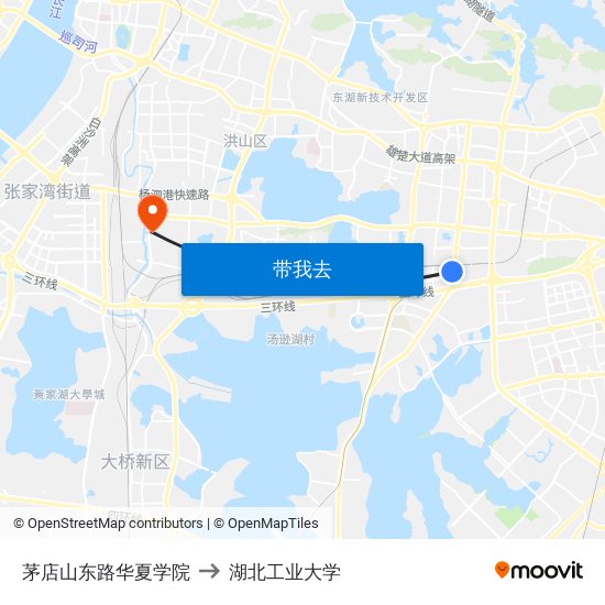 茅店山东路华夏学院 to 湖北工业大学 map