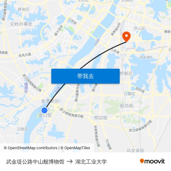 武金堤公路中山舰博物馆 to 湖北工业大学 map